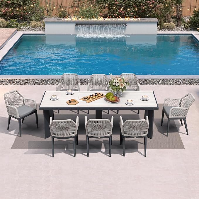 PURPLE LEAF 9 Pieces Patio Dining Set Aluminum Modern Rectangular Table and Rattan Arm Chairs with Cushions for Kitchen Porch Garden Outdoor Furniture Sets, Beige and Dark Grey - Image 2