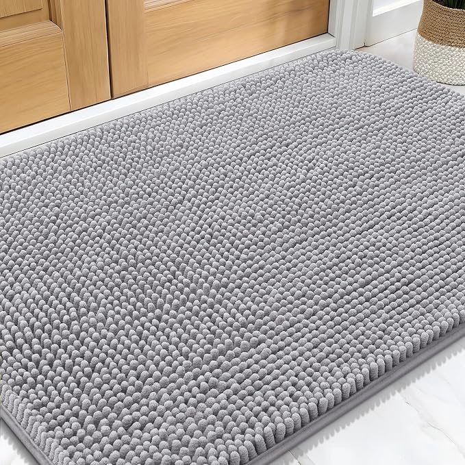 OLANLY Dog Door Mat for Muddy Paws 32x20, Absorbs Moisture and Dirt, Absorbent Non-Slip Washable Doormat, Quick Dry Chenille Mud Mat for Dogs, Entry Indoor Entryway Carpet for Inside Floor, Light Grey by OLANLY