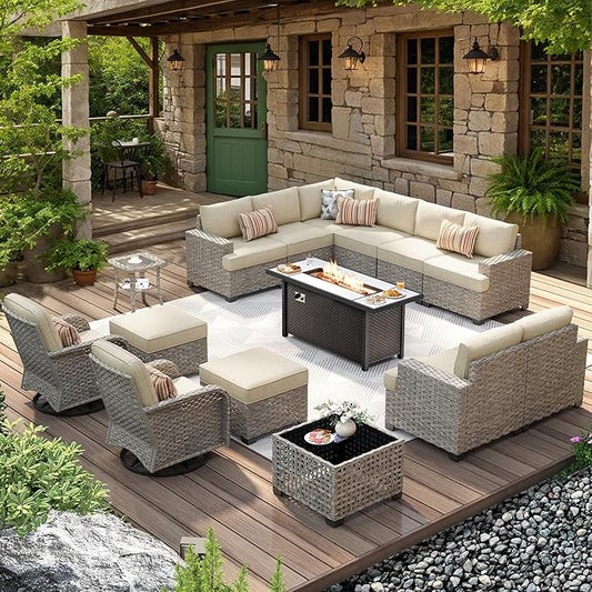 HOOOWOOO Outdoor Sectional Patio Furniture Set with Fire Pit Table,15 Pieces Wicker Conversation Sets L Shaped Couch,Extra Deep Out Door Sofa Outside Furniture with Swivel Chairs Ottoman,Beige