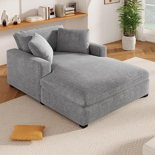 Christopher Knight Home Larrz Oversized Chaise Lounge Chair Indoor, Cozy Upholstered Sleeper Sofa Couch, Durable Wood Frame, Deep Seat Reading Chair with 2 Throw Pillows and Armrests, Gray