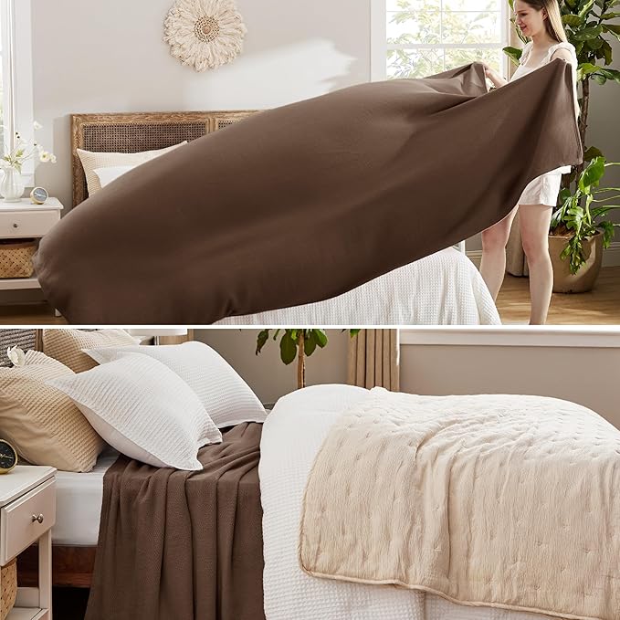 Bedsure GentleSoft 100% Cotton Blanket Queen Size for Bed - Breathable and Lightweight, Soft Cozy Textured Herringbone Woven Blanket for Summer, Brown, 90x90 inches
