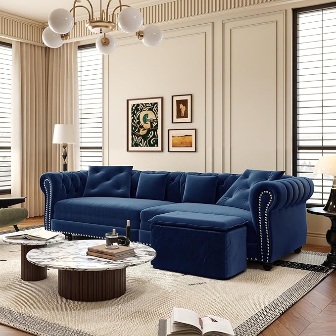 Eafurn 3 in 1 Oversized Chesterfield Loveseat Sofa Convertible Pull Out Sleeper Sofabed King Size Couch Bed w/Movable Ottoman and Nailhead Trim for Living Room Tufted Velvet Recliner Daybed Sofacama