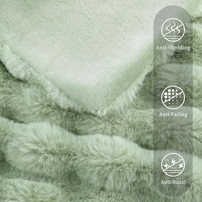 Faux Rabbit Fur Throw Blanket for Couch, Fluffy Warm Plush Thick Bubble Blanket for Bed Sofa Living Room, Soft Cozy Furry Blanket, 50x60 inches, Sage Green