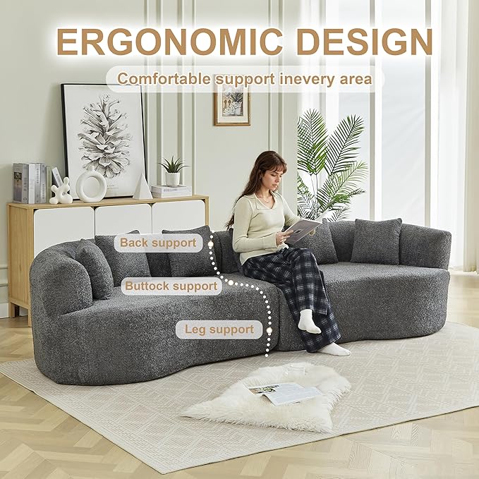 106-Inch Curved Boneless Sofa Couches Compressed 4-Seat Foam Couch for Living Room Bedroom, Boneless Modular Cloud Sofa Curved Floor Couch with 6 Pillows, No Assembly