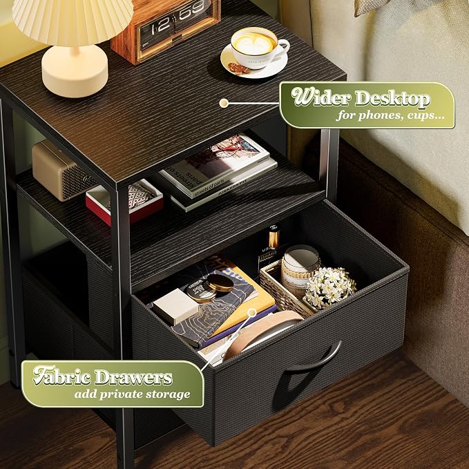 Huuger Night Stand with 2 Drawers, Bed Side Table with Open Shelf, Wooden Top, Nightstand for Bedroom, End Table for Small Space, Fabric Drawer, Black - Image 5