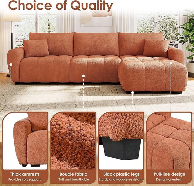 ERYE 110" L-Shaped Sectional Sofa 4 Seat Tufted Sofa Couches with Ottoman, Oversized Tufted Boucle Upholstered Corner Sectional Couch for Living Room Home Apartment