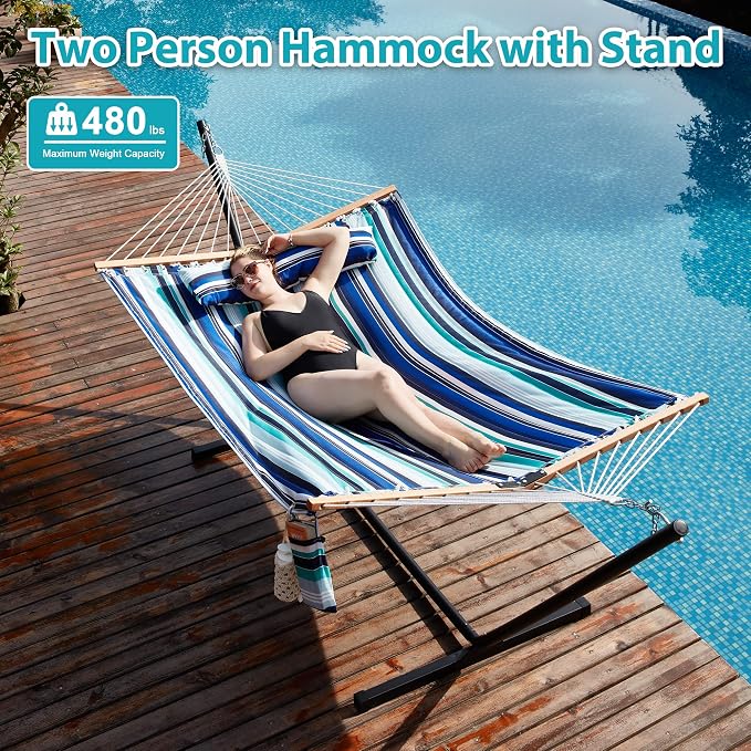 Homgava Two Person Hammock with Stand for Outside Heavy Duty, Outdoor Patio Hammock with Portable Steel Stand, Large Double Hammocks,480lbs Capacity.(Blue Stripes) - Image 2