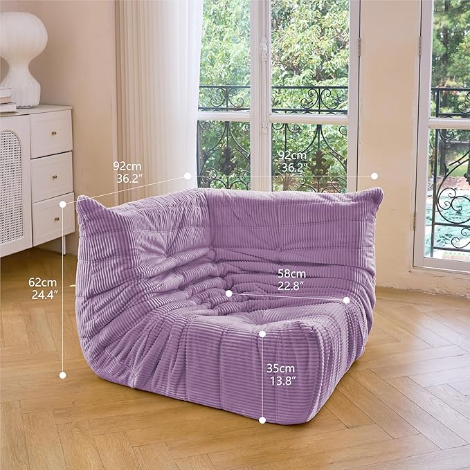 N&V Fireside Corner Chair, Mid Century Armless Floor Sofa, Soft Premium Corduroy Floor Lounge Chair, Foam Sofa Accent Chair for Living Room Bedroom and Office (Lavender)