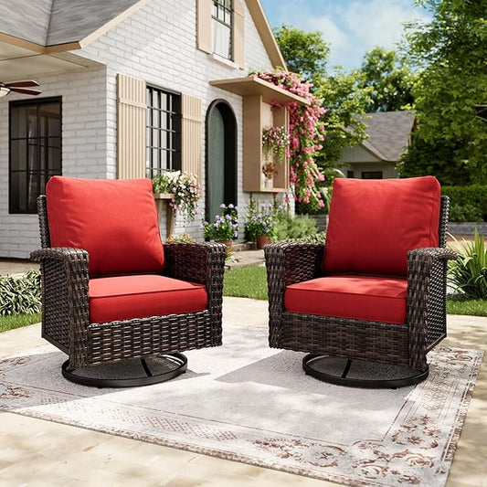 Swivel Patio Wicker Chairs Set of 2, High Back Outdoor Swivel Patio Rattan Chairs with 5.5" Thick Cushions for Bistro Balcony Porch Deck and Yard, Red