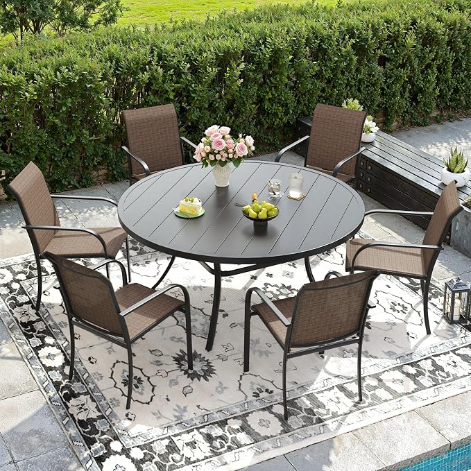 DIFY Patio Dining Set for 6, 7 Piece Outdoor Table and Chairs Set, 50" Black Round Metal Patio Dining Table and 6 Brown Textilene Stackable Patio Chairs, for Backyard Garden Poolside by DIFY