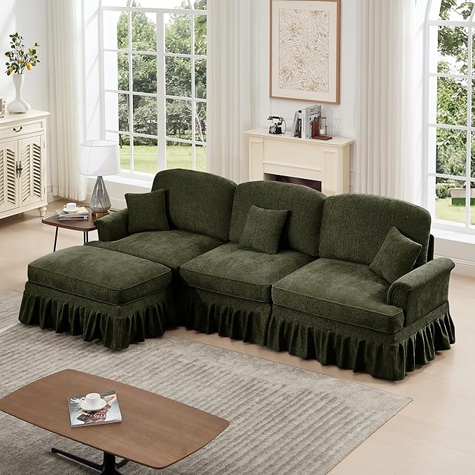 KEIKI Mid Century Modular Sofa with Flared Arms and Skirted Design, 107” Oversized 3-Seater with Ottoman Luxury Chenille L-Shaped Sectional Couches for Living Room, Chaise Lounge Indoor, Green