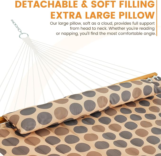 Lazy Daze Hammocks 12FT Quilted Fabric Hammock with Soft Pillow, Double 2 Person Tree Hammock with Spreader Bar for Outside Patio Poolside Backyard Beach, 450 lbs Capacity, Amber Dots - Image 3