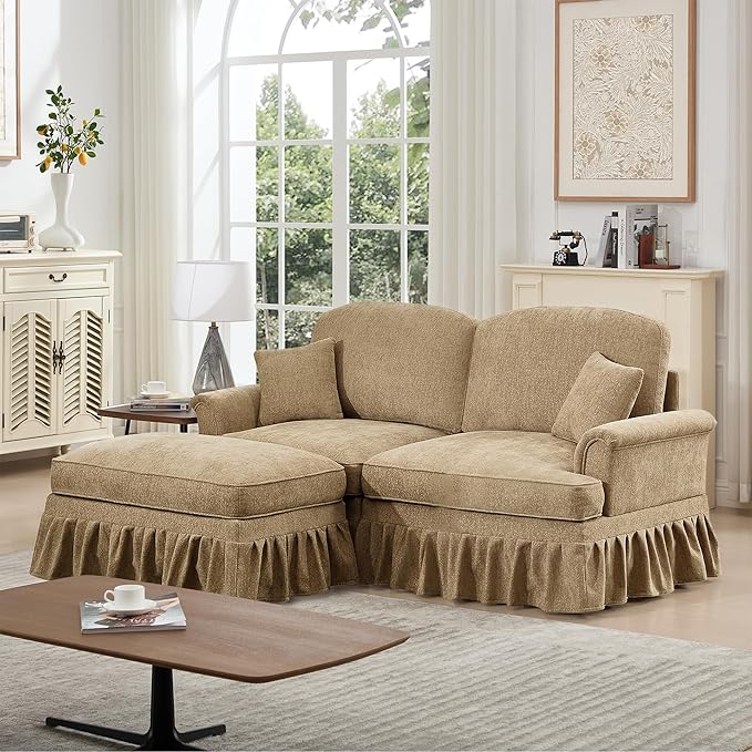 KEIKI Mid Century Modular Sofa with Flared Arms and Skirted Design, 76" Loveseat with Ottoman Chenille L-Shaped Sectional Couches for Living Room, Comfortable Chaise Lounge Indoor, Light Coffee