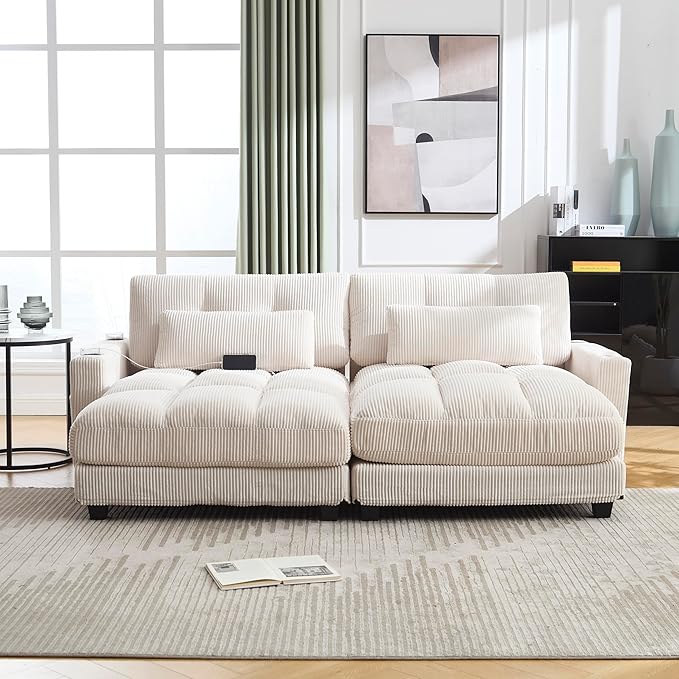 ERYE Oversized Loveseat Sectional Double Lounge Chaise Convertible Sleeper Sofabed, Corduroy Sleeper Loveseat Daybed Indoor Recliner Chair Sofa Bed W/Cupholders & Adjustable Headrests for Living Room