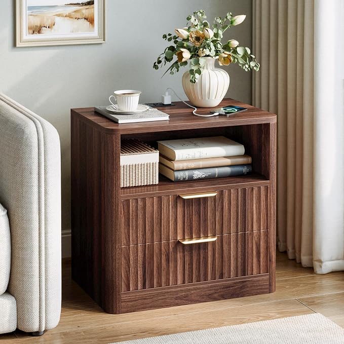 IRONCK Fluted Night Stand Set of 2, Modern Nightstand with Charging Station, Drawers and Open Shelves - Bedside Table Wood Side Table Set for Bedroom (Walnut) - Image 8
