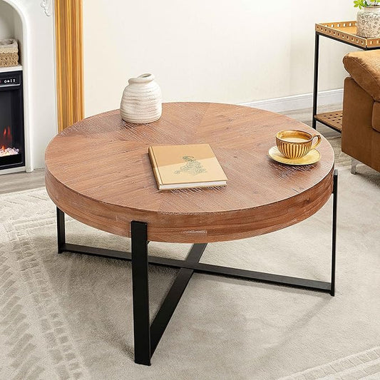 33.86" Round Coffee Table with X-Shaped Black Metal Legs, Solid Wood Circle Table for Living Room, Retro Circular Table, Natural+Black