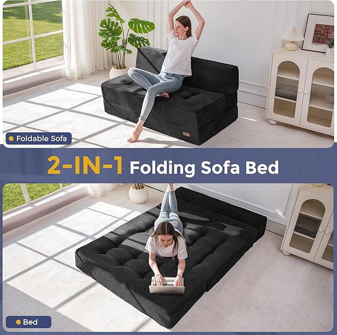 MAXYOYO 8" Folding Sofa Bed, Convertible Sleeper Sofa Lounger Foldable Mattress, Wedge Shape Floor Couch Tufted Fold Out Chair Bed Comfy Floor Couch Lounge for Living Room Bedroom, Loveseat, Black