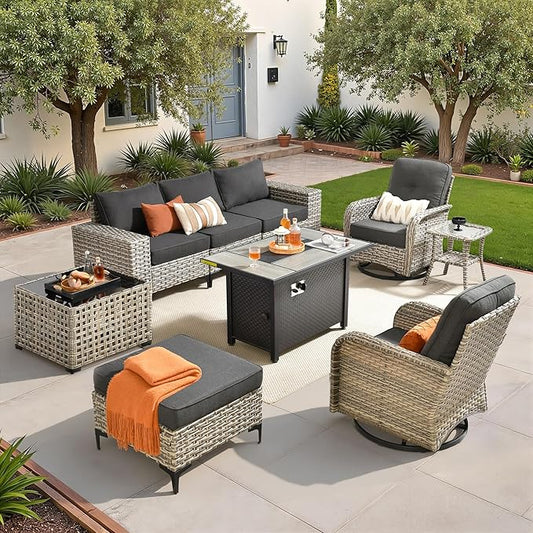Patio Furniture Set,9 Pieces Outdoor Wicker Conversation Sets with 42 in Fire Pit Table,2 Wicker Rocking Chair & Coffee Table,Outdoor Sectional Sofa for Balcony Backyard Poolside Garden Lawn(Black)