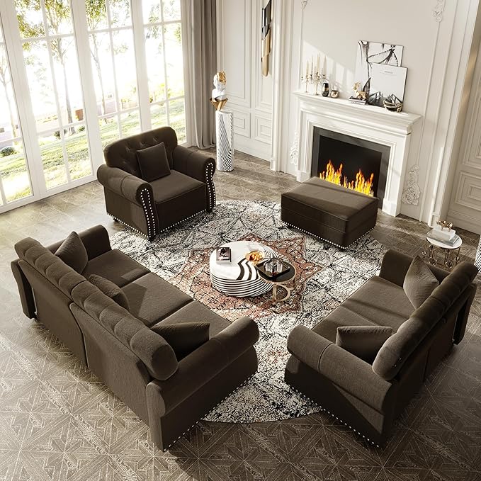 KEIKI 3-Piece Chesterfield Sofa Set with 1 Velvet 3-Seater Sofa & 1 Loveseat & 1 Single Sofa, 6-Seater Couch Set with Nailhead Trim & Rolled Arms & 1 Ottoman & 6 Pillow, for Living Room, Brown