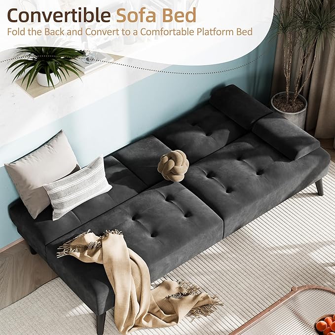 Shintenchi Futon Sofa Bed, Velvet Foldable Couch, Reclining Sleeper with Removable Armrests, Upholstered Loveseat Sofa Couch with Folding Cup Holders for Home, Office(Black)