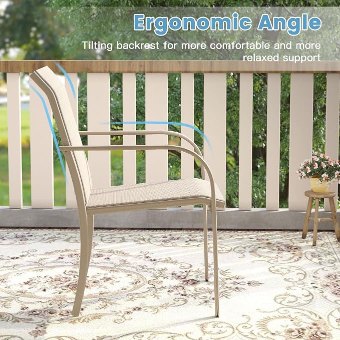DIFY 5 Pieces Outdoor Patio Dining Set for 4, 40.6" Grey Wood-Like Round Metal Dining Table and 4 Sandshell Stackable Sling Dining Chairs, Outdoor Table and Chairs for Lawn Garden Backyard Deck - Image 7