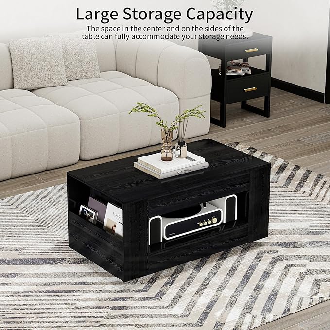 35" Wood Coffee Table for Living Room, Sides Storage with Transparent Legs, Minimalist Modern 2-Tier Storage Shelf Center Table for Home Office, Apartment, Black