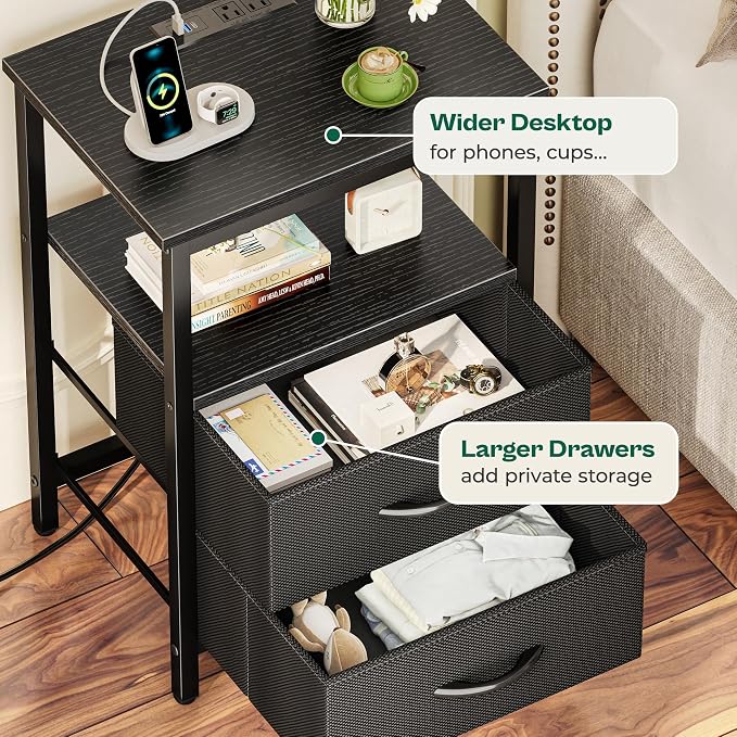 Huuger Night Stand with Charger Station and LED Lights, 2 Drawer Nightstand, Bed Side Table with Open Shelf, End Table, Fabric Dresser for Bedroom, Black - Image 7