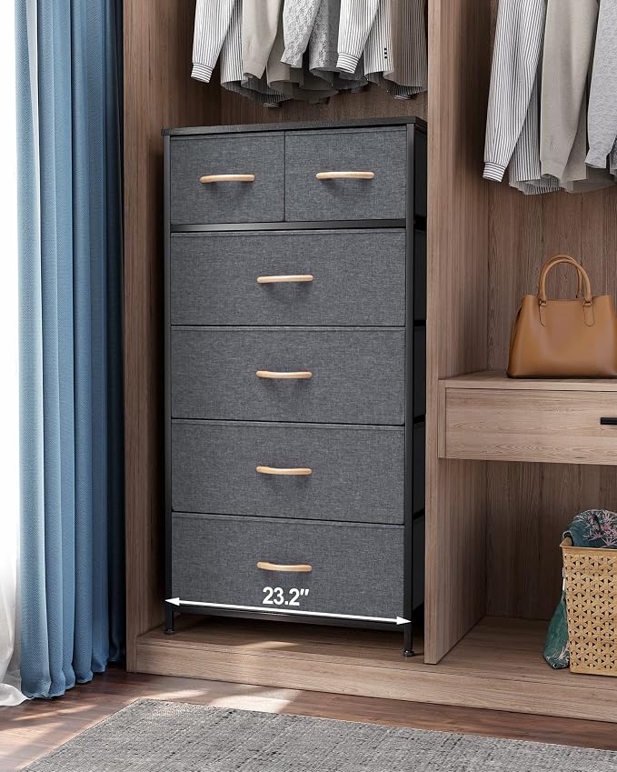 Crestlive Products Vertical Dresser Storage Tower - Sturdy Steel Frame, Wood Top, Easy Pull Fabric Bins, Wood Handles - Organizer Unit for Bedroom, Hallway, Entryway, Closets - 6 Drawers (Gray) - Image 8
