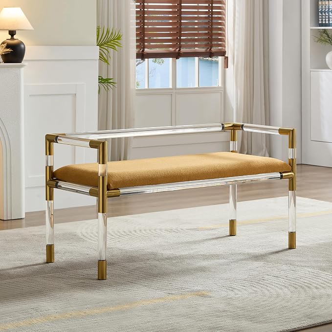 Bedroom Bench with Low Back, Acrylic and Stainless Steel Combination,Upholstered Seat(Yellow) - Image 3