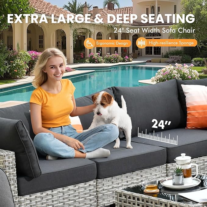 Outdoor Sectional Patio Furniture Set with Glowing Table,5 Pieces Wicker Conversation Sets L Shaped Couch Out Door Sofa Set Outside Furniture for Garden Deck Yard Porch,Black