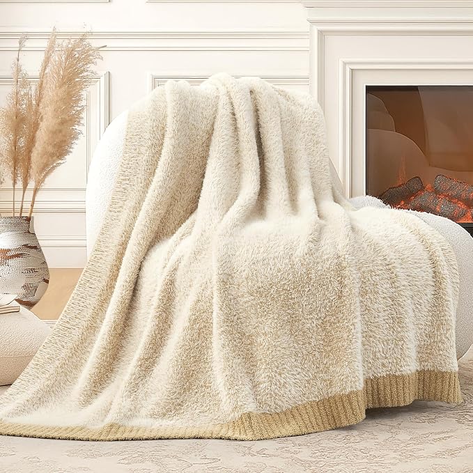 Amélie Home Knit Throw Blanket for Couch, Super Soft Fuzzy Cozy Throw, Giftable Knitted Blanket for Women Men, Birthday, Sofa Bed Living Room Decor, 50" x 60", Heather Beige