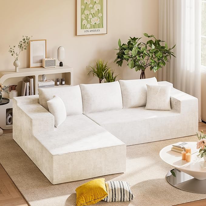Homall 108" Modular Sectional Sofa, Boneless Couch with L-Shape Chaise, Cloud Couch with Deep Seat Upholstered, No Assembly Required for Living Room, Bedroom (Chenille, Beige)