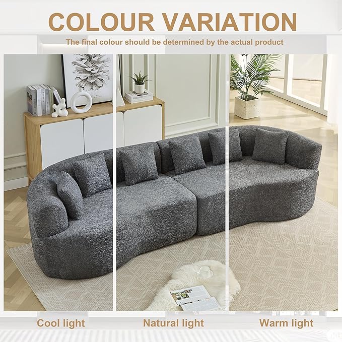 106-Inch Curved Boneless Sofa Couches Compressed 4-Seat Foam Couch for Living Room Bedroom, Boneless Modular Cloud Sofa Curved Floor Couch with 6 Pillows, No Assembly