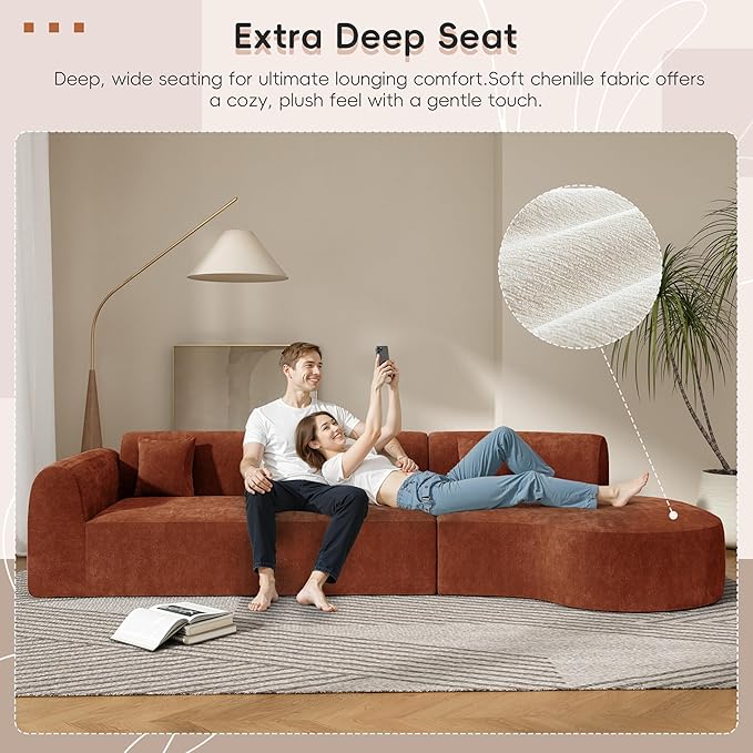 Christopher Knight Home Grelyn Modern Curved Modular Sectional Sofa, Wool Fabric Large Cloud Couch, 6-Seater L-Shaped Couch Living Room, 3-Piece Lounge Sofa with Chaise,Fully Assembled,Brownish Orange