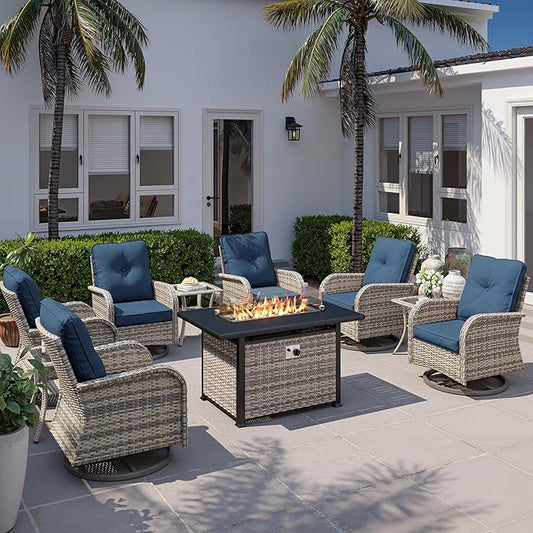 10Pcs Patio Rocking Swivel Chair with 55,000 BTU Fire Pit Table Outdoor Wicker Rattan Bistro Set with Tempered Glass Side Table, Outdoor Patio Furniture Set for Garden and Balcony, Blue