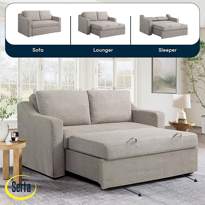 Serta Hawthorne 66.1" Slipcovered Convertible Sleeper Loveseat, Full Size, Dreamcoil Comfort, FingerGuard Pinch Point Protection, Polyester Tweed Fabric, Flax