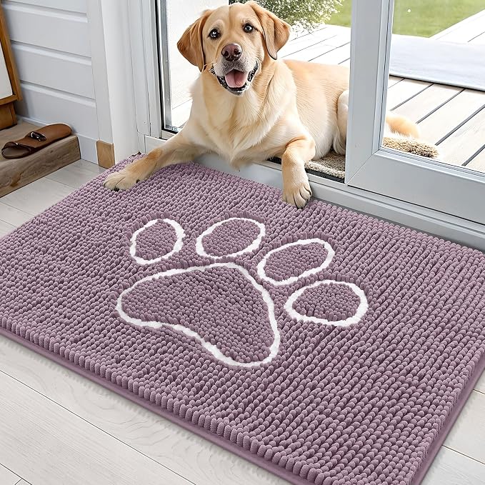 OLANLY Dog Door Mat for Muddy Paws 36x24, Paw Print Design, Absorbs Moisture and Dirt, Absorbent Non-Slip Washable Doormat, Quick Dry Chenille Mud Mat, Entry Indoor Entryway Carpet, Deep Plum by OLANLY