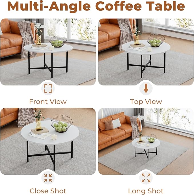 Coffee Table, 23.6" Coffee Tables for Living Room, Round Coffee Table with Metal Frame, Floor Table for Sitting on The Floor, Home, Office, White