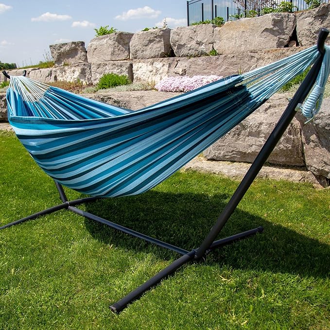 Vivere Double Cotton Hammock with Space Saving Steel Stand, Upgraded Polyester End Strings 450 lb Capacity - Premium Carry Bag Included - USA Grown Cotton (Blue Lagoon) - Image 4