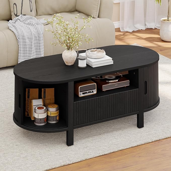 47" Oval Coffee Table, Tambour Design Coffee Tables for Living Room, Mid Century Modern Wood Coffee Table, 3-Tier Accent Center Table with Storage, Large Drawer, Black