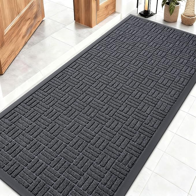 OLANLY Front Door Mat Outside Entrance 59x23, Absorbent, Heavy Duty Sturdy Natural Rubber Doormat Indoor Outdoor, Non-Slip, Stain and Fade Resistant, Low Profile Floor Mat for Entryway, Black Gray by OLANLY