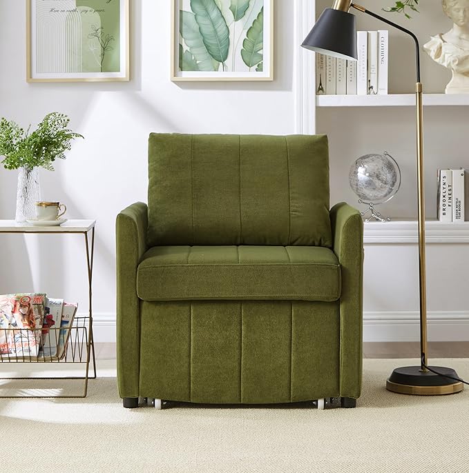Ball & Cast 31.5" Futon Sofa-Bed,Convertible Pull Out Couch with Storage Basket,Sleeper Sofabed W/Adjustable Backrest and Side Pocket,Chaise Lounge for Living Room,Chenille Fabric,Green