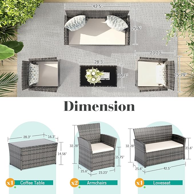 4 Piece Outdoor Patio Furniture Set, All-Weather Wicker Conversation Sets Include Coffee Table, Armchair, Loveseat, Sectional Furniture for Indoor Outdoor Backyard Pool Garden (Gray & Beige)