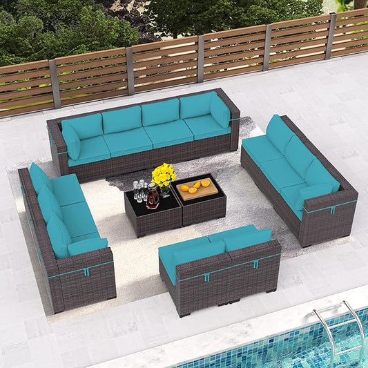 14 Pieces Outdoor Patio Furniture Set,Outdoor Sectional Furniture All Weather PE Rattan Wicker Patio Conversation Set with 2 Coffee Tables and 12 Thickened Cushions,Turquoise Blue