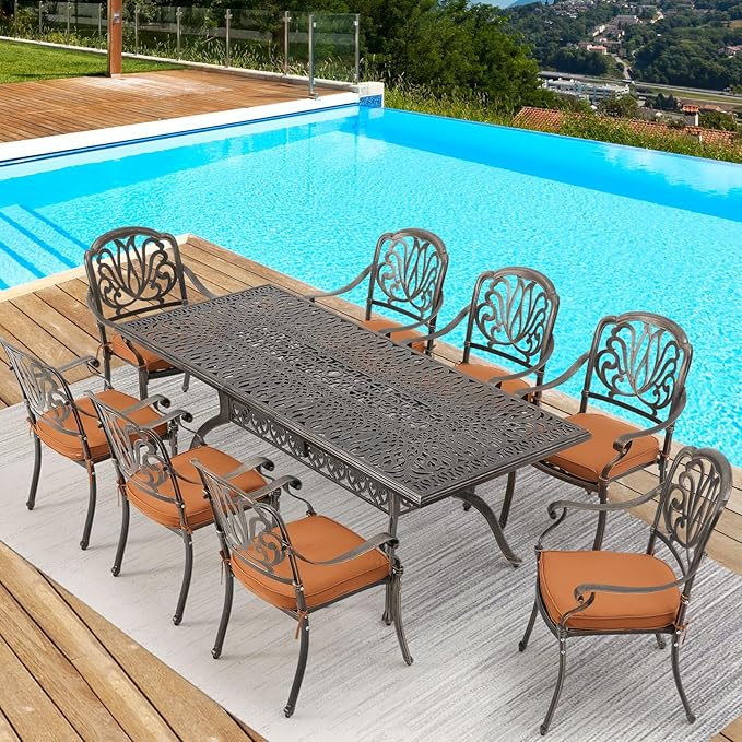 [Hi-End]Cast Aluminum Patio Furniture Set 9-Piece Outdoor Dining Set Includes 86.6’’ Rectangular Patio Table with Umbrella Hole and 8 Cushioned Dining Chairs,Rust-Free for Patio Deck Garden Pool by RICHRYCE