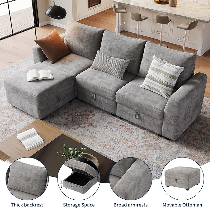 L-Shape Sectional Sofa with Storage, 108" Modular Cloud Couch, 4-Seater Sofa Bed with Ottoman, Chenille Fabric with Hidden Storage for Small Spaces(Gray 4-Seater)