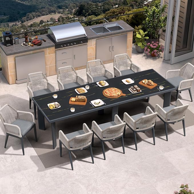 PURPLE LEAF 11 Pieces Patio Dining Set Aluminum Modern Rectangular Table and Rattan Arm Chairs with Cushions for Kitchen Porch Garden Outdoor Furniture Sets, Dark Grey by PURPLELEAF