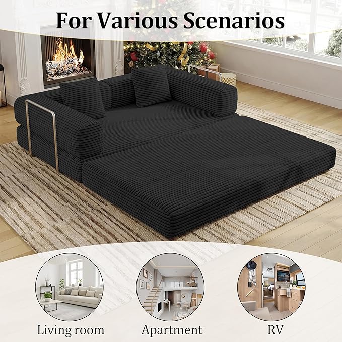 4-in-1 Foldable Sofa Bed Teddy Foam-Filled Compressed Couch Loveseat Sofa Boneless Foldable Convertible Sleeper Sofa Couch for Space Saving Living Room, Guest Bed, Playroom (Black, 53.15"Double Sofa)