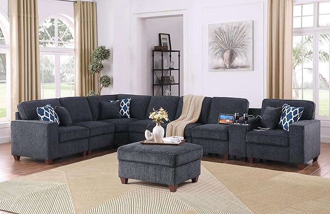 ERYE 151-Inch U-Shaped Sectional Sofa Chenille Upholstered Corner Convertible Sectional,9 PCS Modular Couch with Ottoman,Storage Console, Cupholders and Charging Station