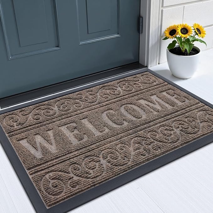 OLANLY Welcome Door Mat Indoor Outdoor Entrance, Heavy Duty Sturdy Front Door Mat, Waterproof All-Weather Doormat, Stain Resistant, Low Profile, Easy Clean Patio Entryway Mat, 29.5 x 17, Medium Brown by OLANLY